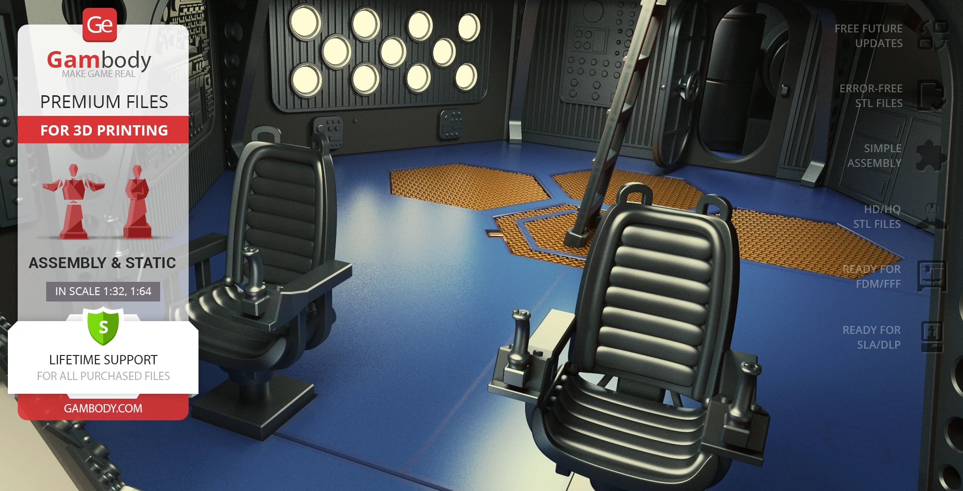 Futuristic submarine interior with sleek control panels, circular windows, and swivel chairs for 3D printing.
