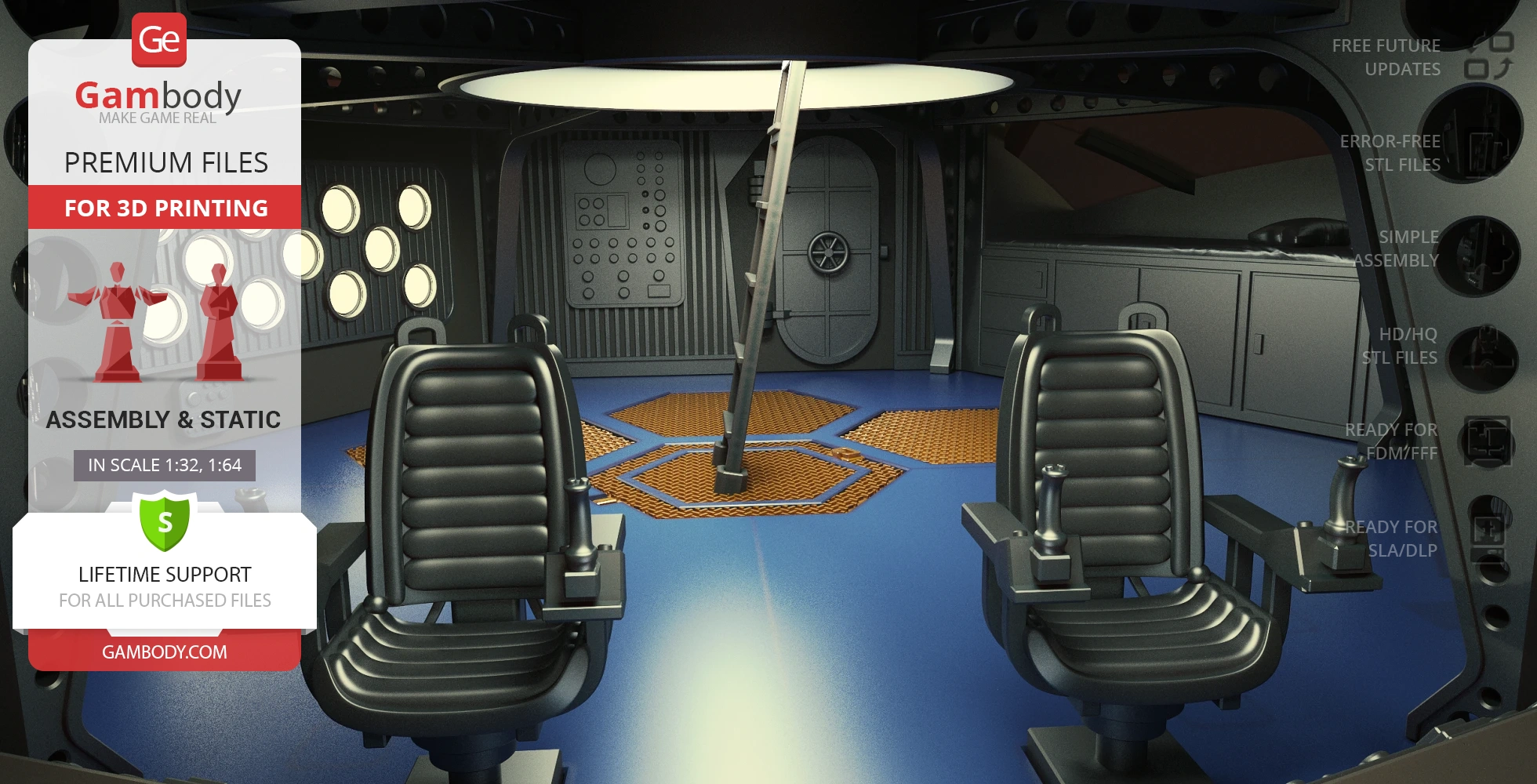 Sci-fi submarine interior with two control chairs, hexagonal floor patterns, and a ladder leading up.