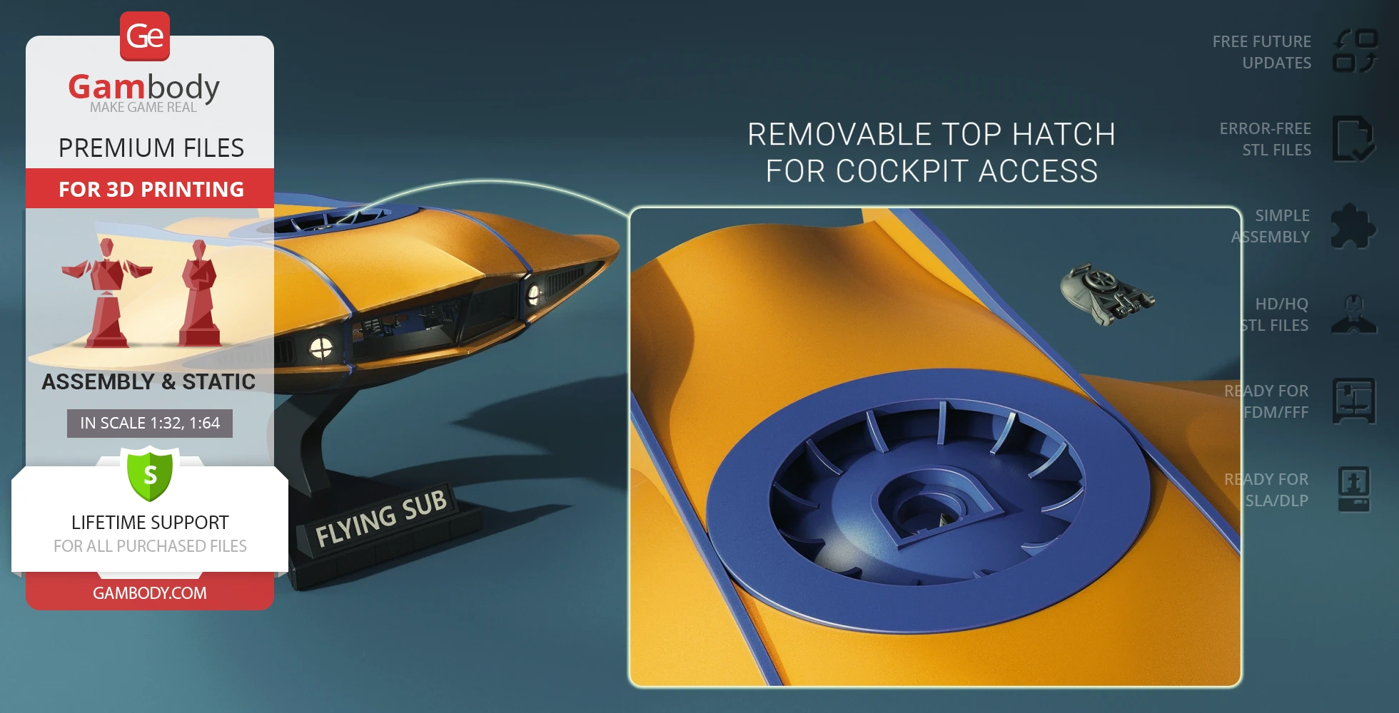 Yellow flying sub model with removable cockpit hatch, designed for 3D printing.