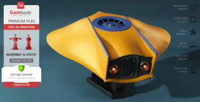 Yellow sci-fi flying sub with a sleek, aerodynamic design on a display stand, featured in 3D print settings.