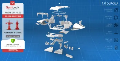 Exploded view of 3D-printable flying sub model parts on a blueprint background.