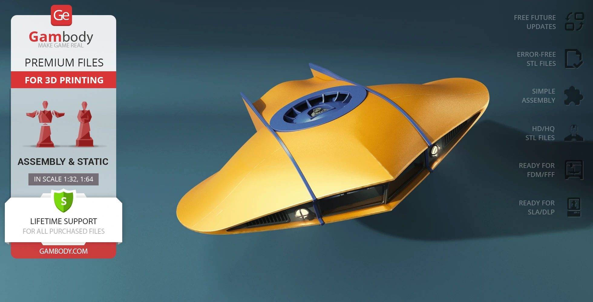 Yellow flying submarine model with blue details, ready for 3D printing.