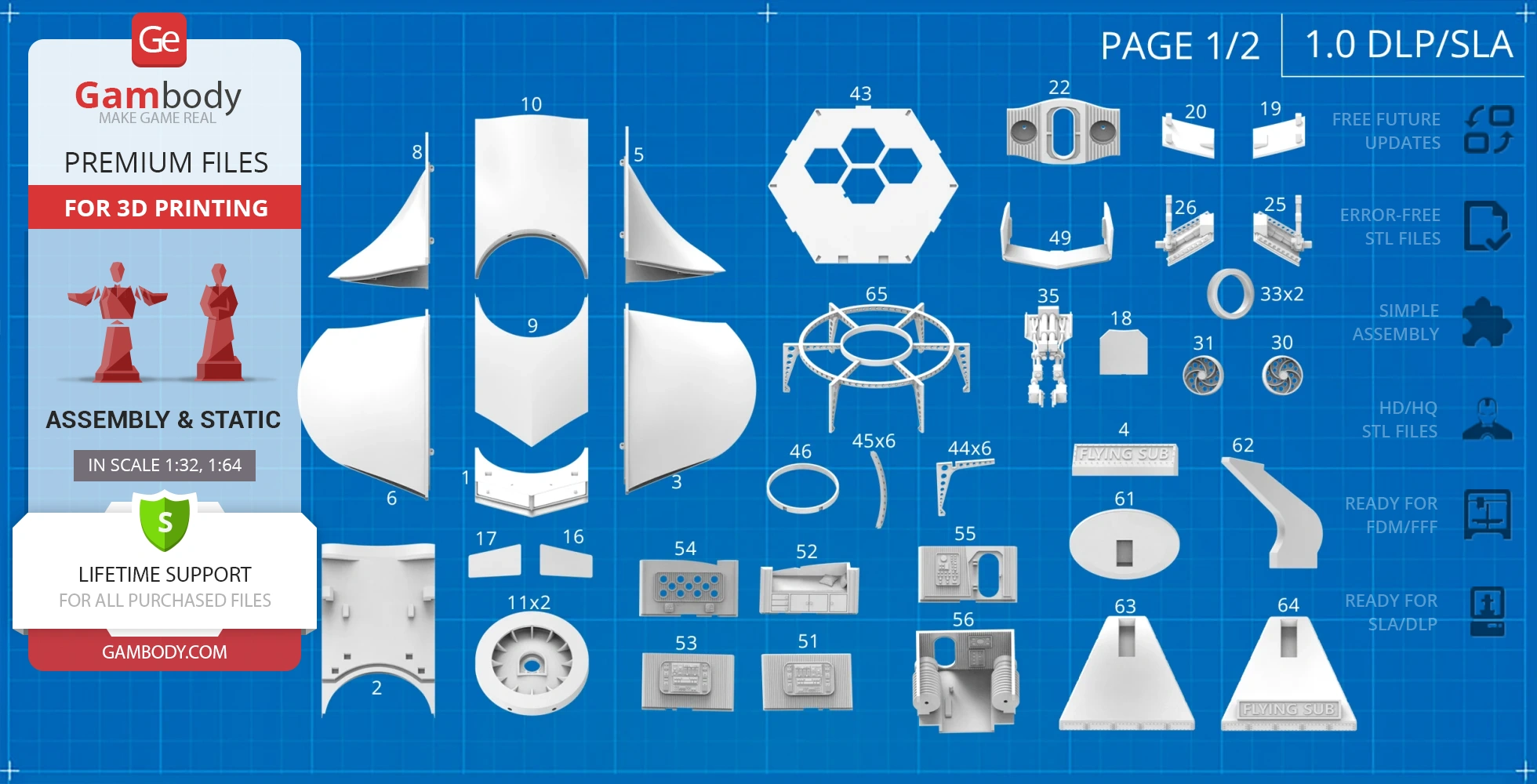 Flying Sub 3D model parts on a blueprint-style layout for easy assembly and 3D printing.