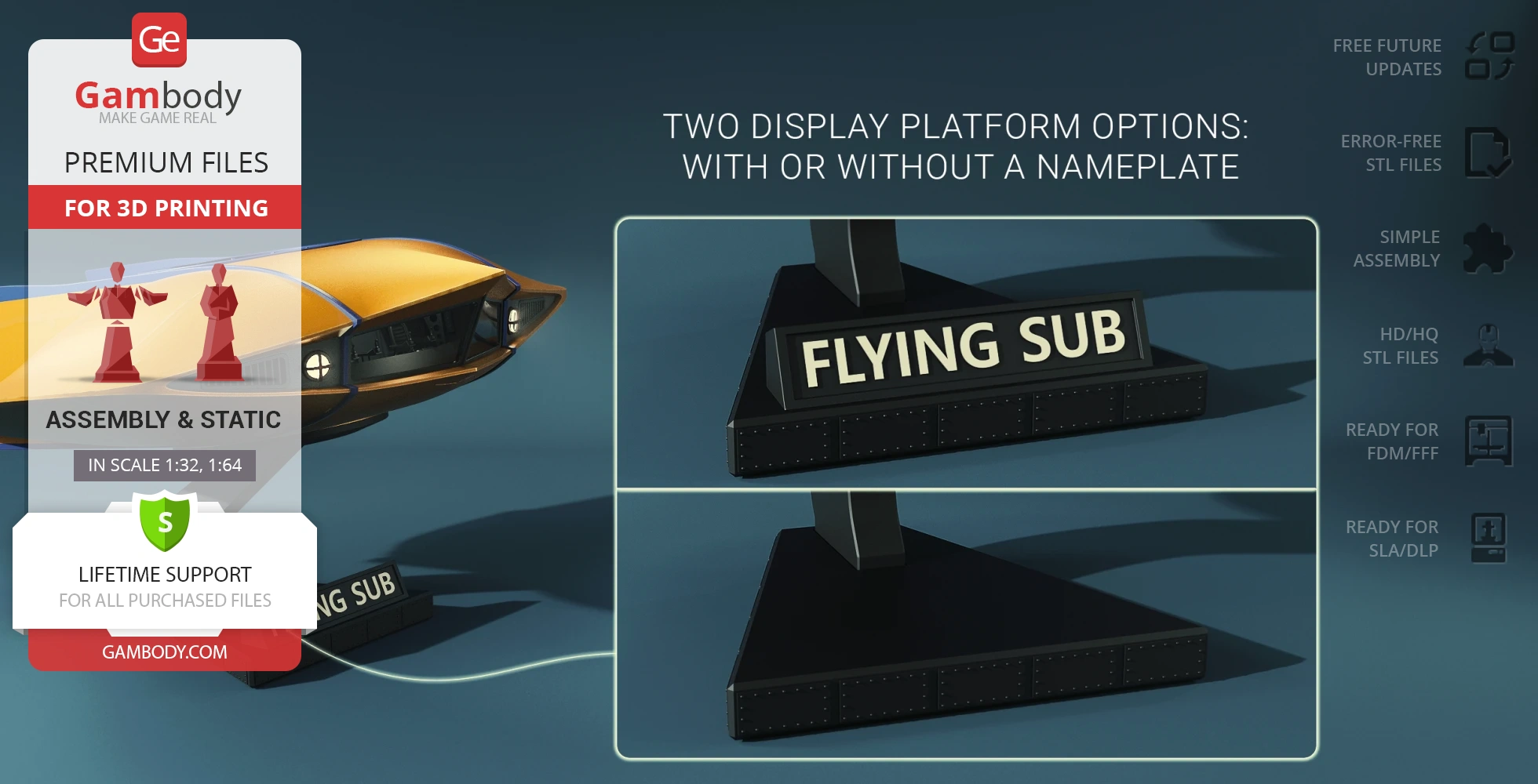 Yellow flying sub model with two display platform options, one with nameplate and one without.