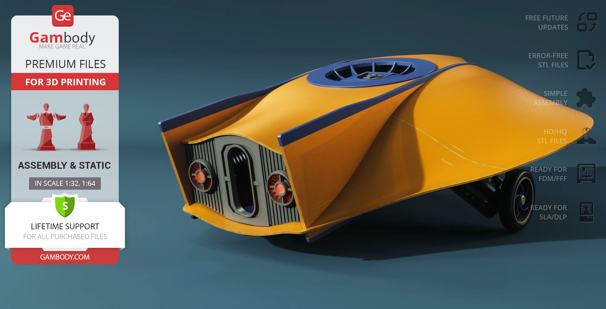 Retro-futuristic flying sub with orange body, propellers in rear, detailed design ideal for 3D printing.