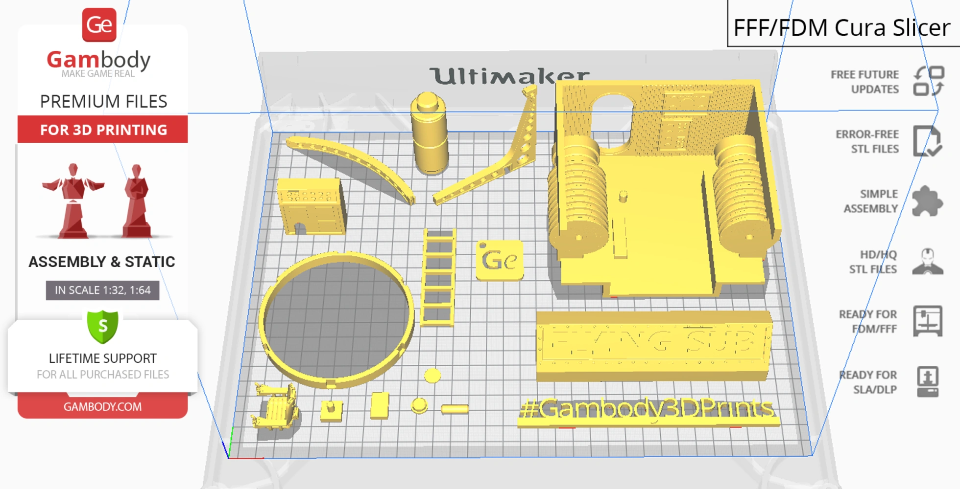 3D printing layout of Flying Sub parts, labeled for assembly, on grid platform for slicing.
