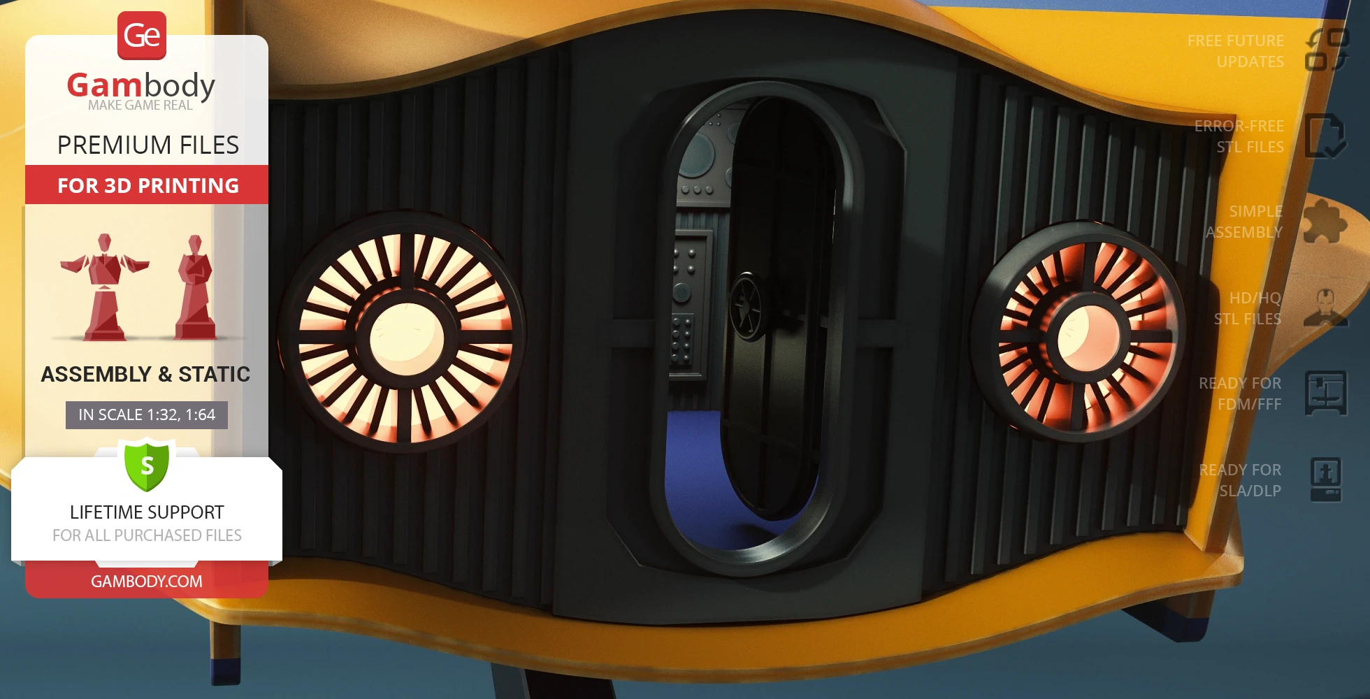 A close-up of a sci-fi flying sub model with glowing circular vents and an open hatch.