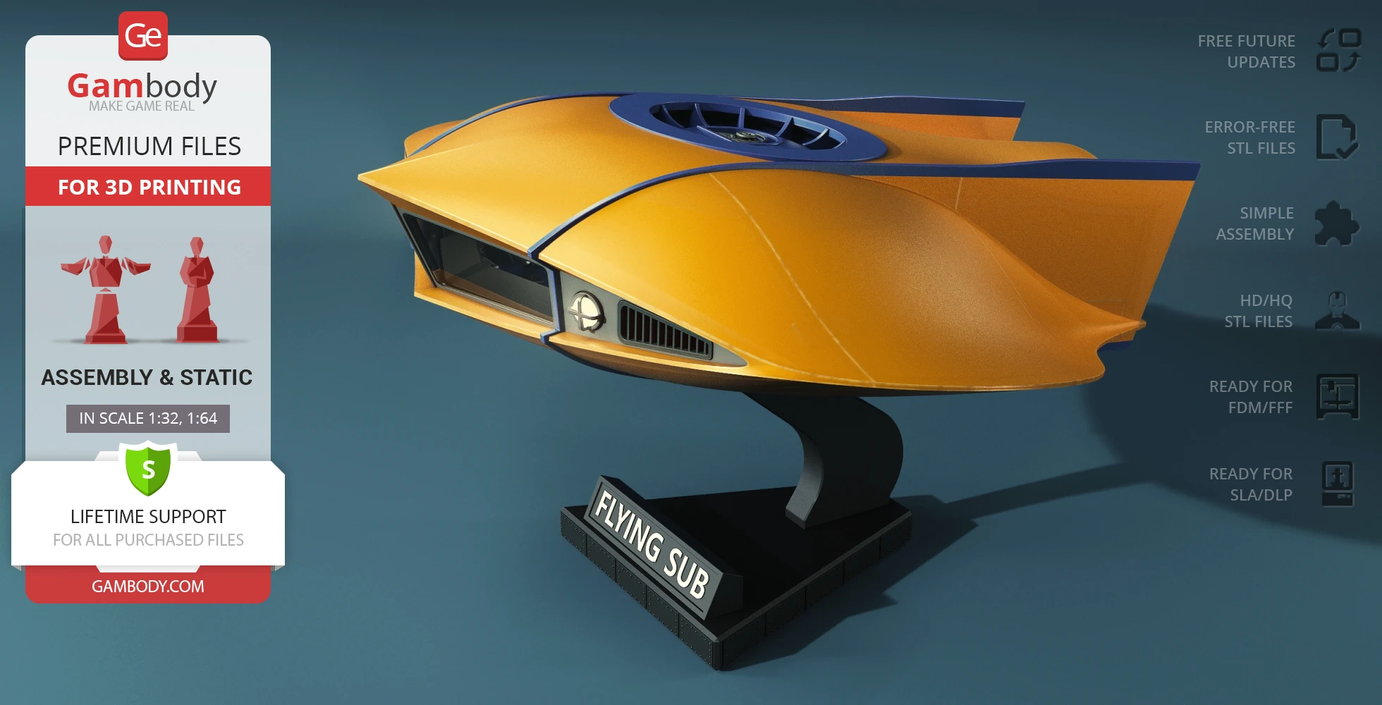 Yellow futuristic flying sub model with blue accents on a display stand, labeled 'Flying Sub.'