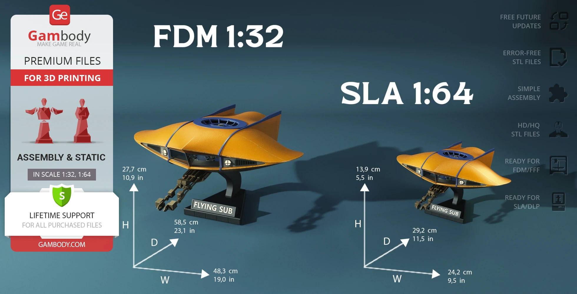 Two scale models of a yellow flying sub with stand, dimensions labeled, for 3D printing.