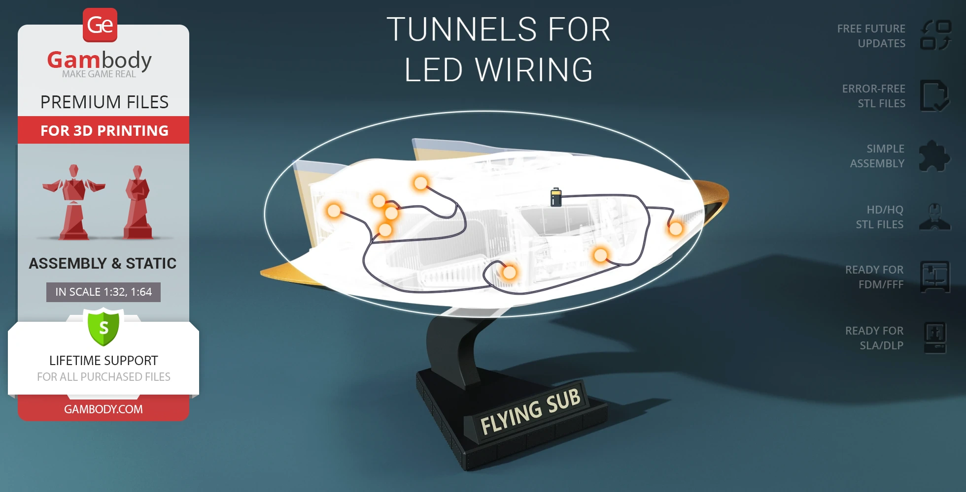 3D model of a futuristic flying submarine on a stand, showing LED wiring paths.