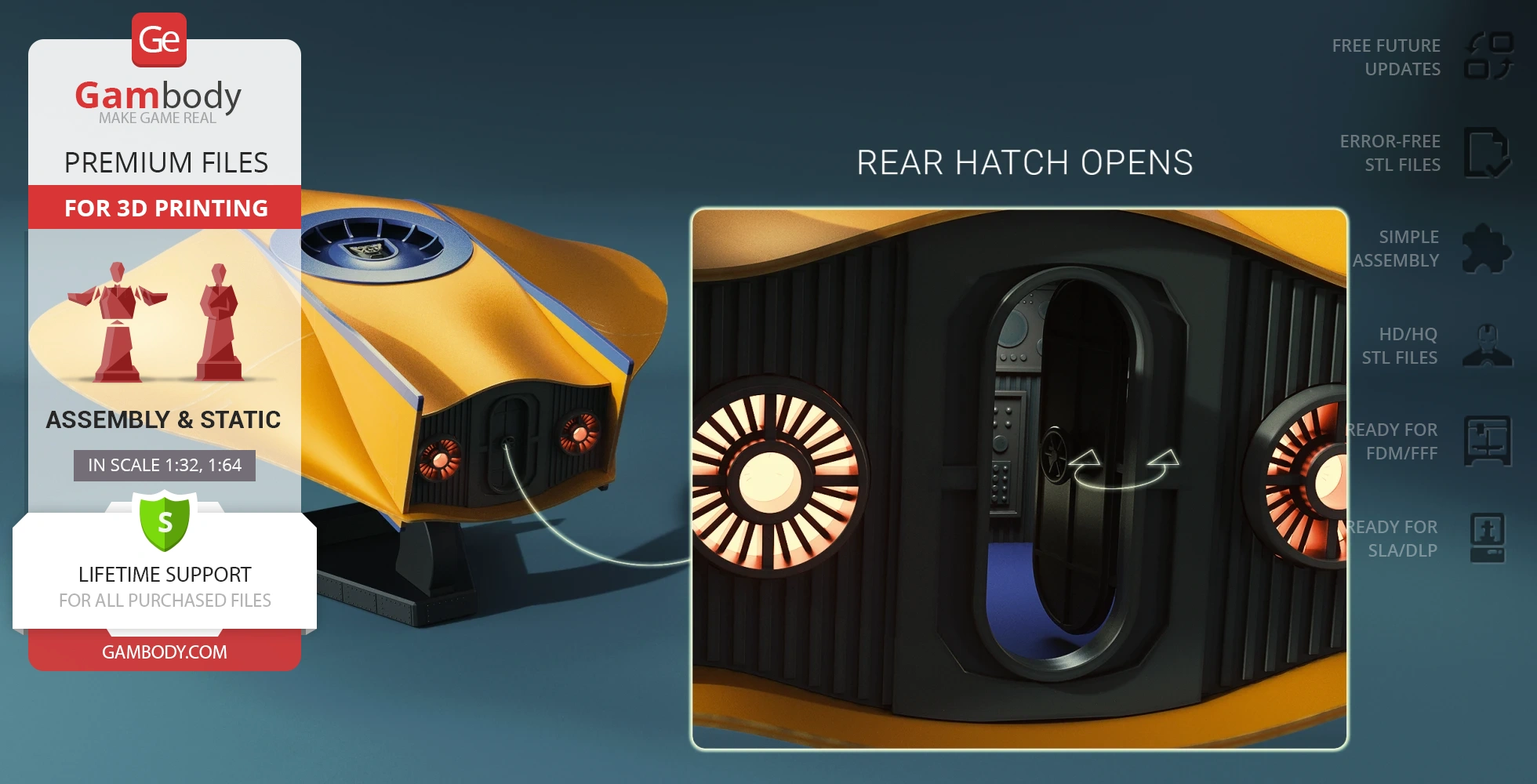 Sci-fi yellow flying sub model with detailed rear hatch design for 3D printing.