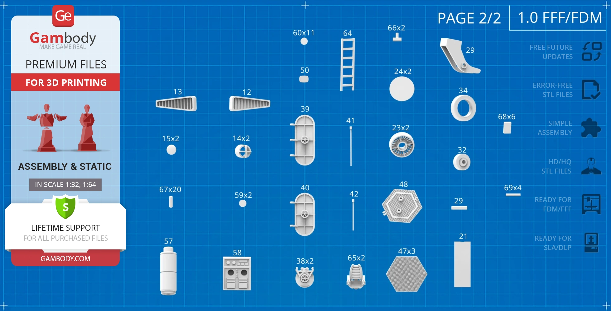 Blueprint for a 3D printable sci-fi flying sub, showing various labeled components and assembly guidance.