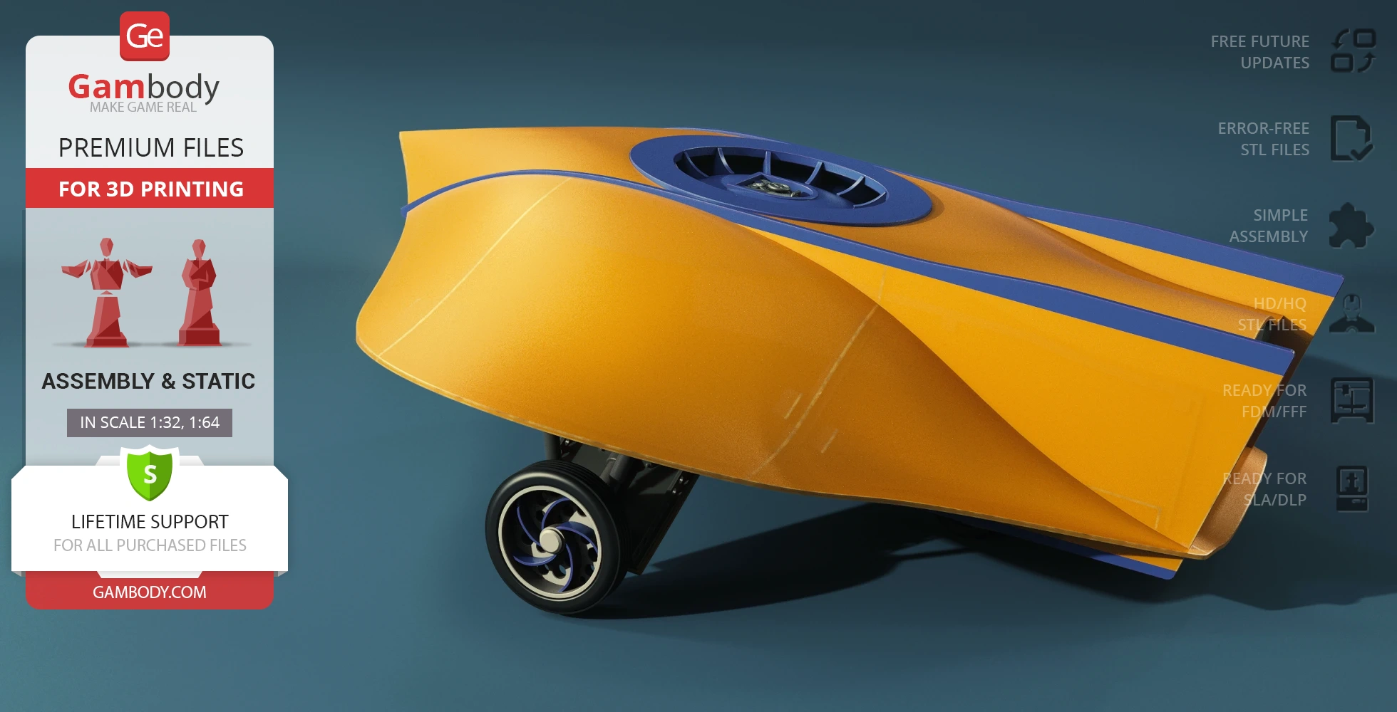 A sleek, orange flying sub model for 3D printing, featuring blue accents and a single propeller.