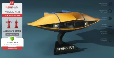 Yellow, futuristic flying sub model on display stand, ready for 3D printing from Gambody.