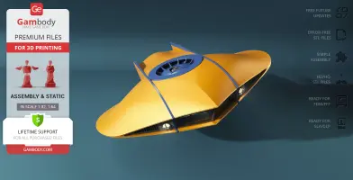 A sleek, futuristic yellow flying submarine model for 3D printing with a blue top vent and clear windows.