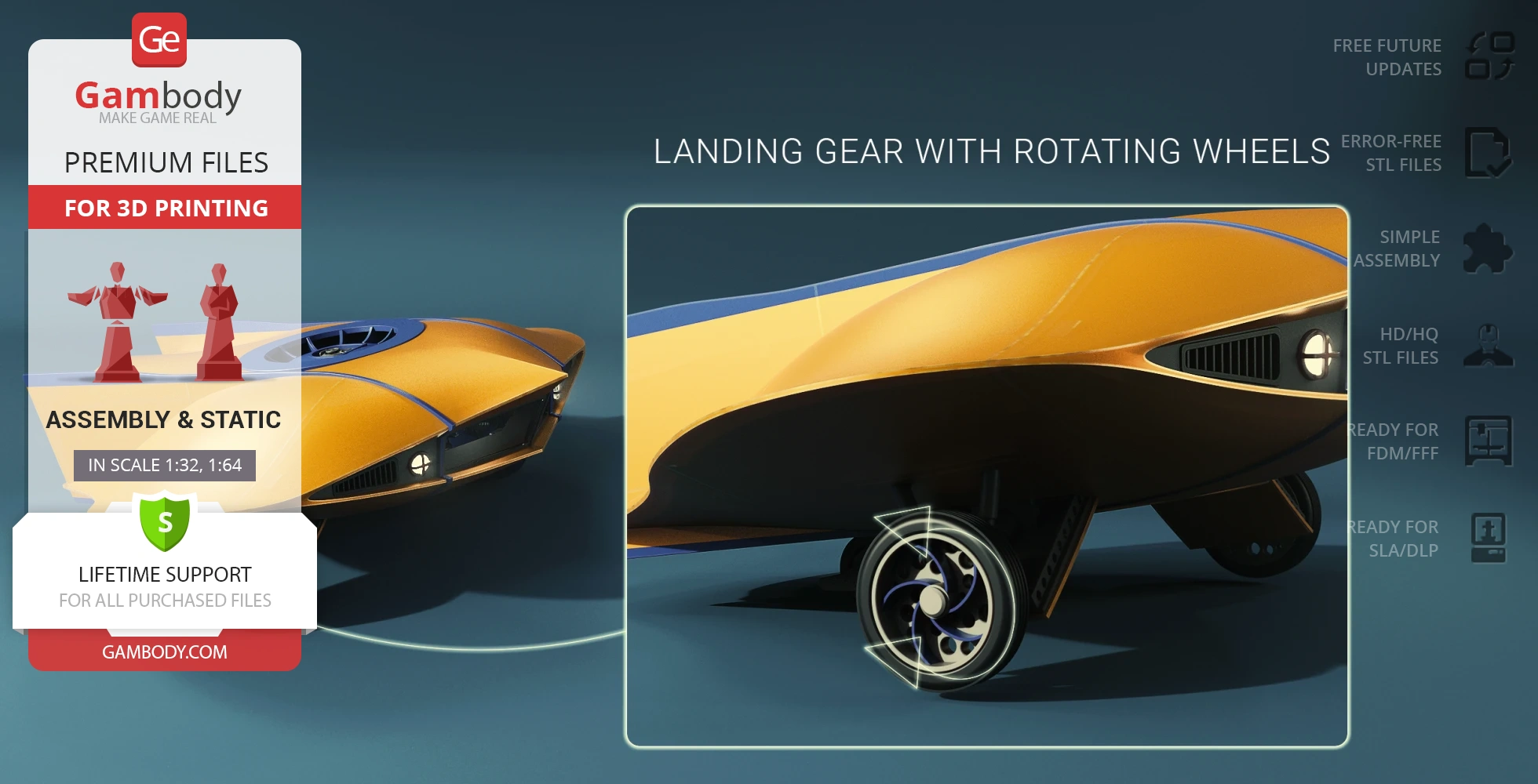 Yellow sci-fi flying sub with landing gear and rotating wheels, designed for 3D printing.