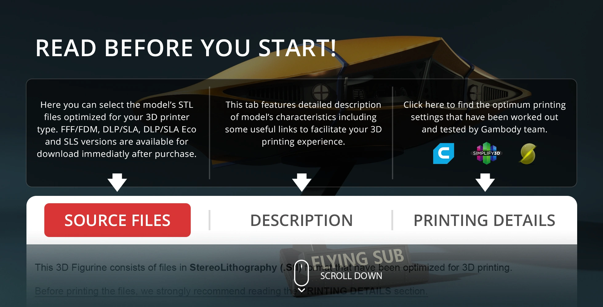 Interface for Flying Sub 3D model downloads, descriptions, and printing details on Gambody.