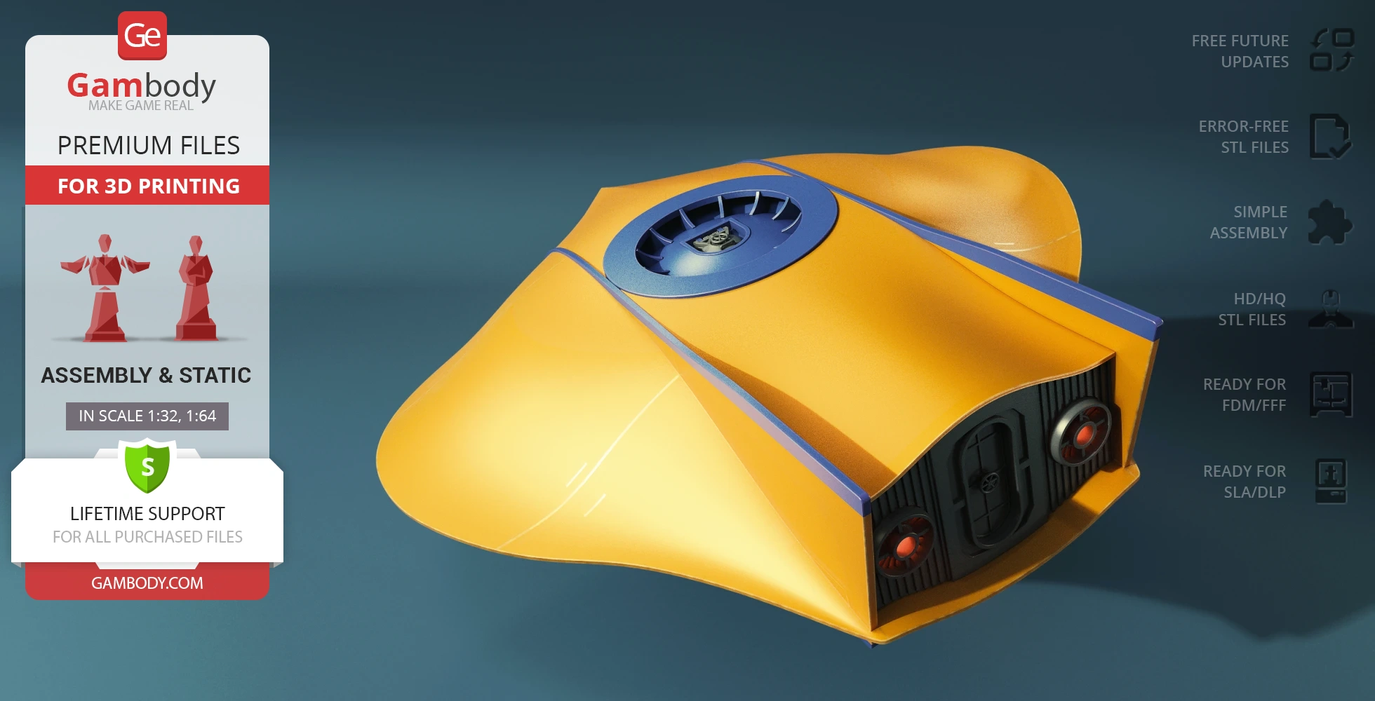 Yellow futuristic flying submarine model with blue accents, designed for 3D printing.