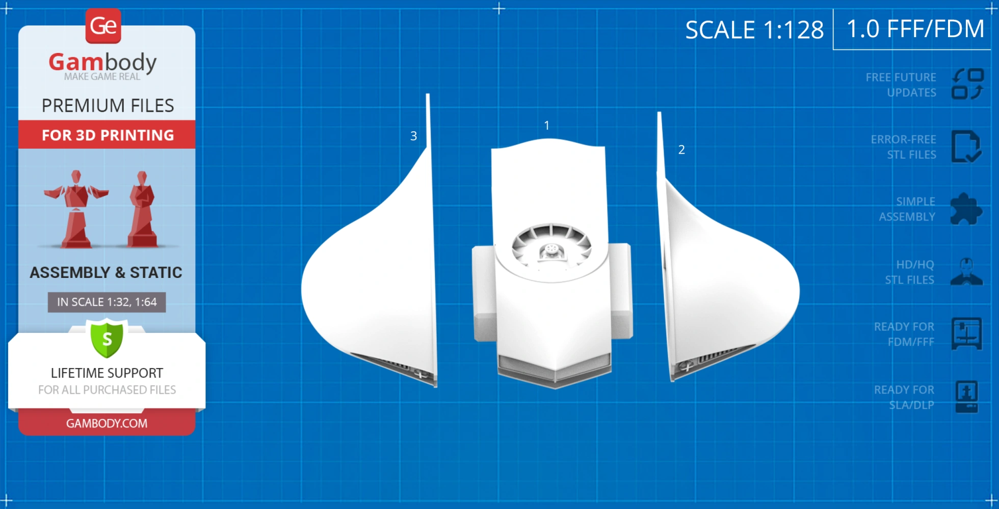 3D model parts of a flying submarine displayed on a blue grid background for 3D printing.