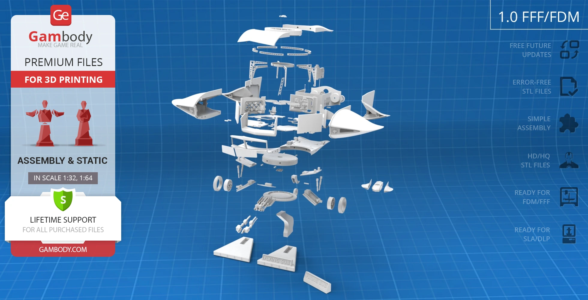 Flying sub 3D model parts disassembled, displayed on a blue grid backdrop.