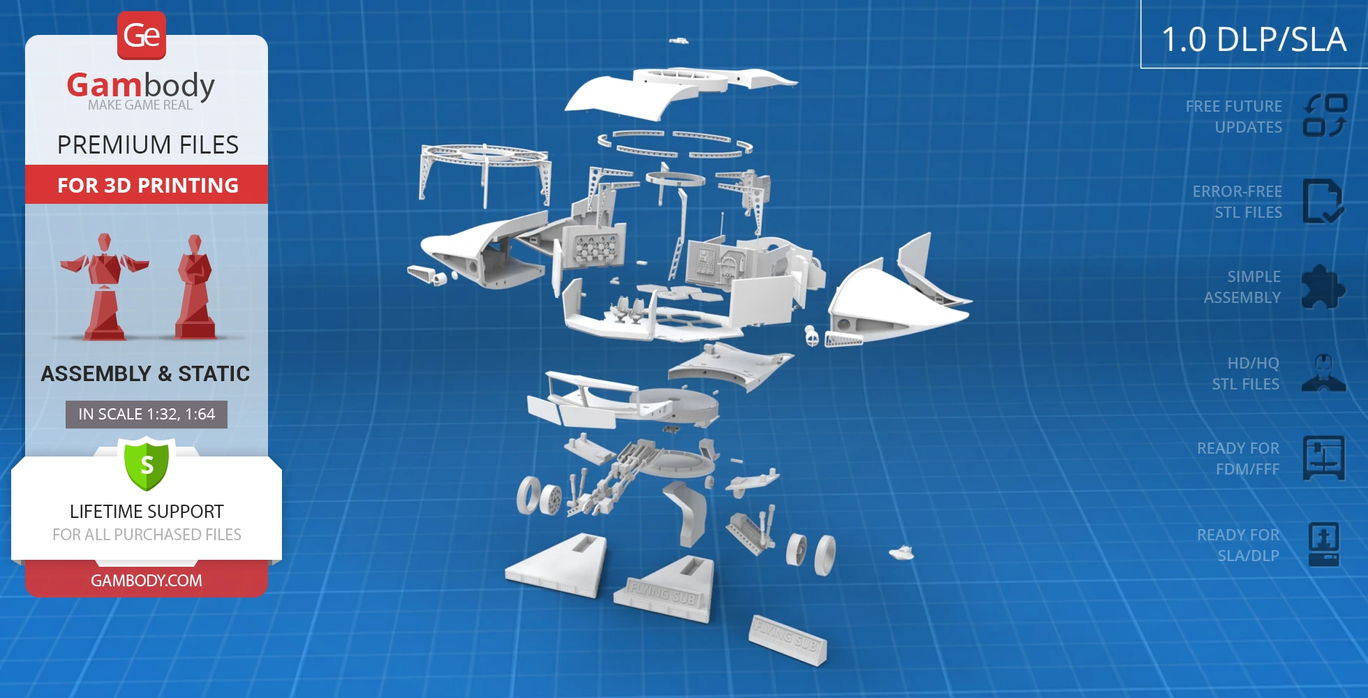 Exploded view of 3D-printable flying sub model parts on a blueprint background.