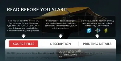 Interface for Flying Sub 3D model downloads, descriptions, and printing details on Gambody.
