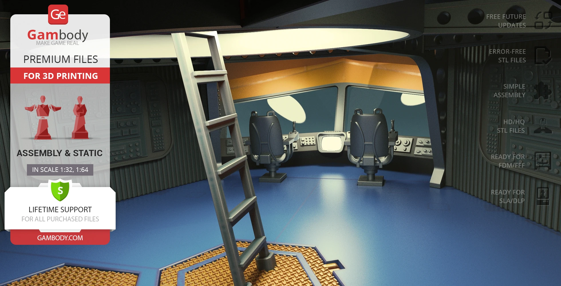 Futuristic submarine cockpit with two chairs, a control panel, and a ladder leading to an upper level.