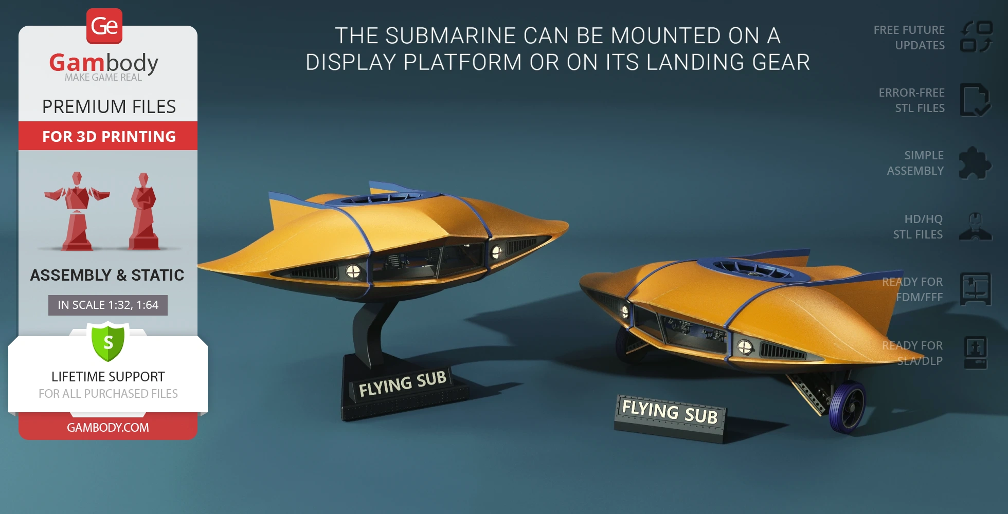 Yellow futuristic flying submarine model with display stand and landing gear options.