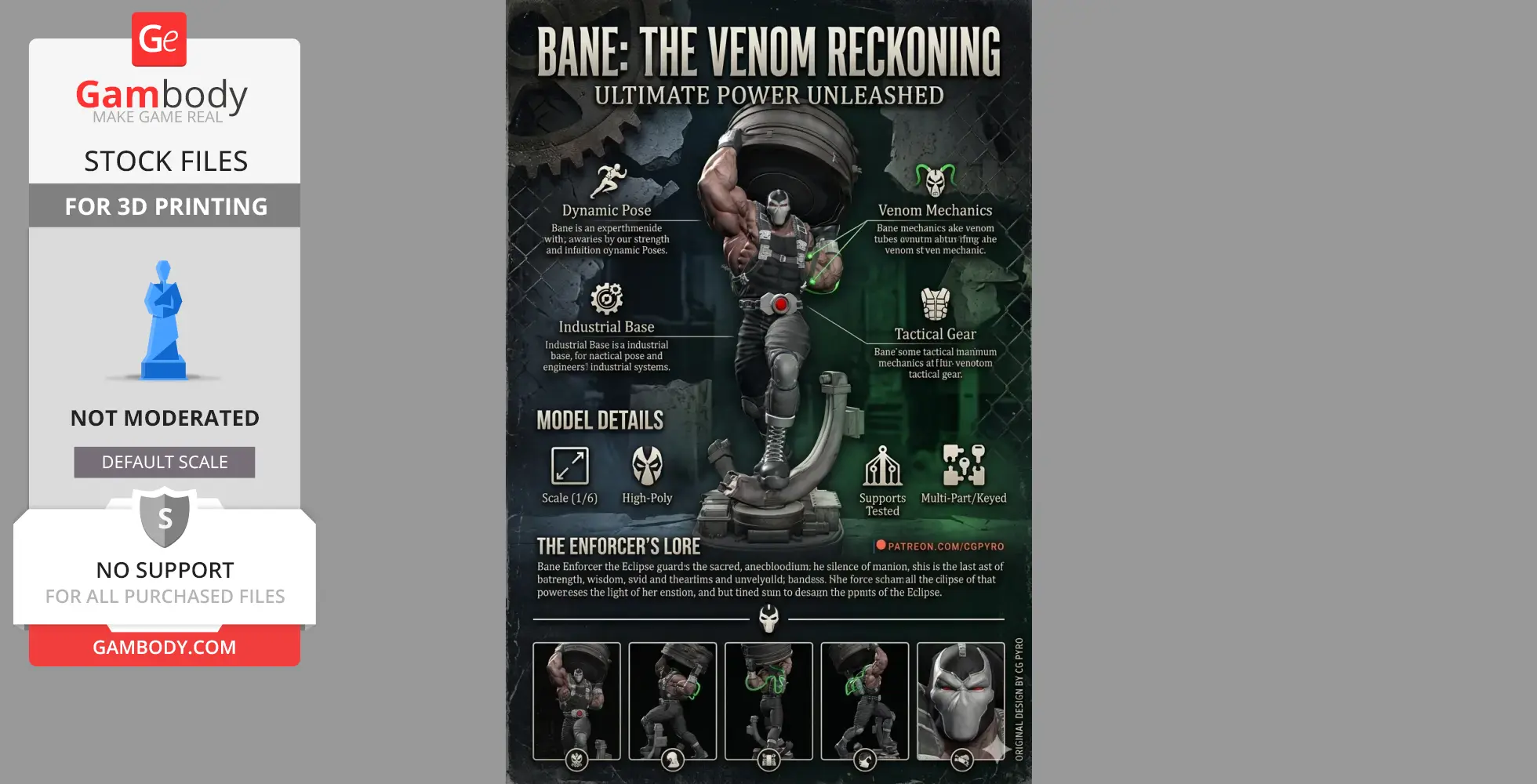 3D model of a muscular character with a mask, dynamic pose, industrial base. For 3D printing.