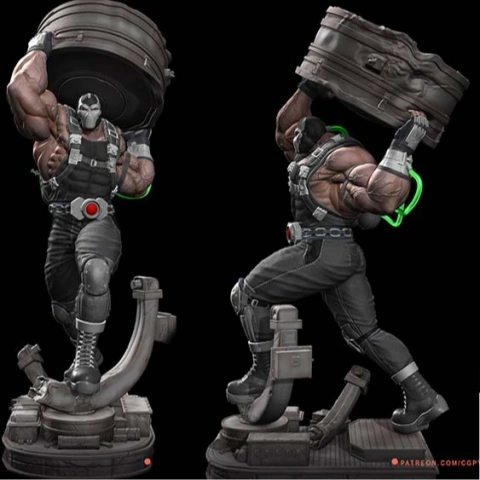 Muscular figure in combat gear, lifting a large object above his head, standing on a detailed base.