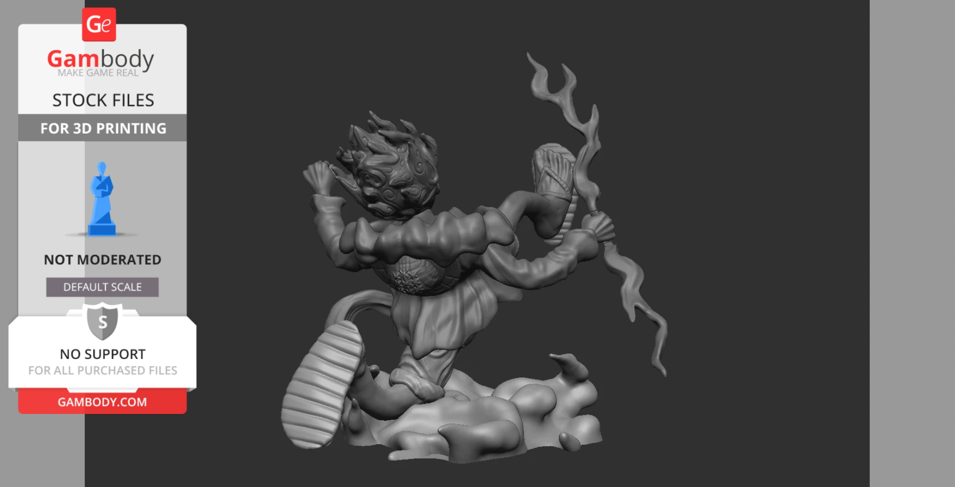 Dynamic figure with wild hair, textured clothing, and dynamic pose on a swirling base for 3D printing.