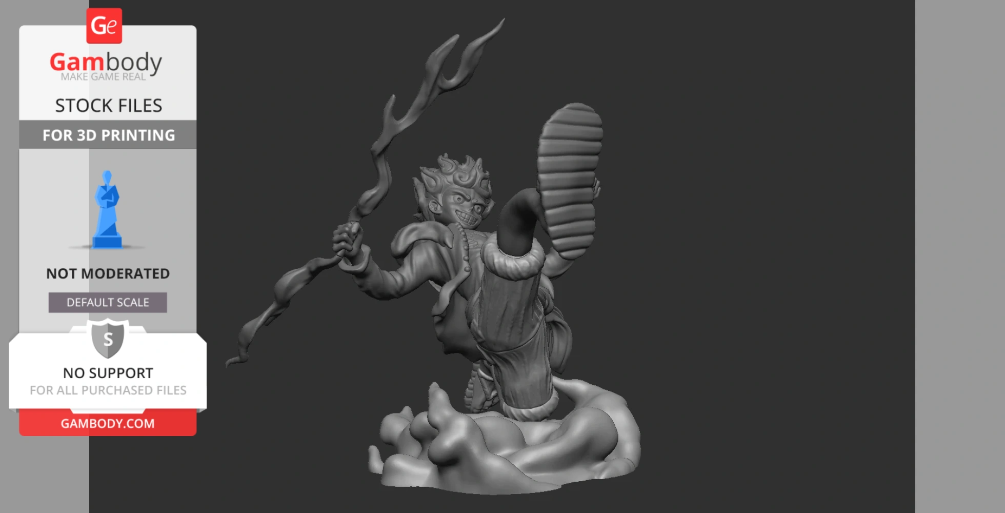 Character in dynamic pose, holding a twisted staff, standing on swirling base.