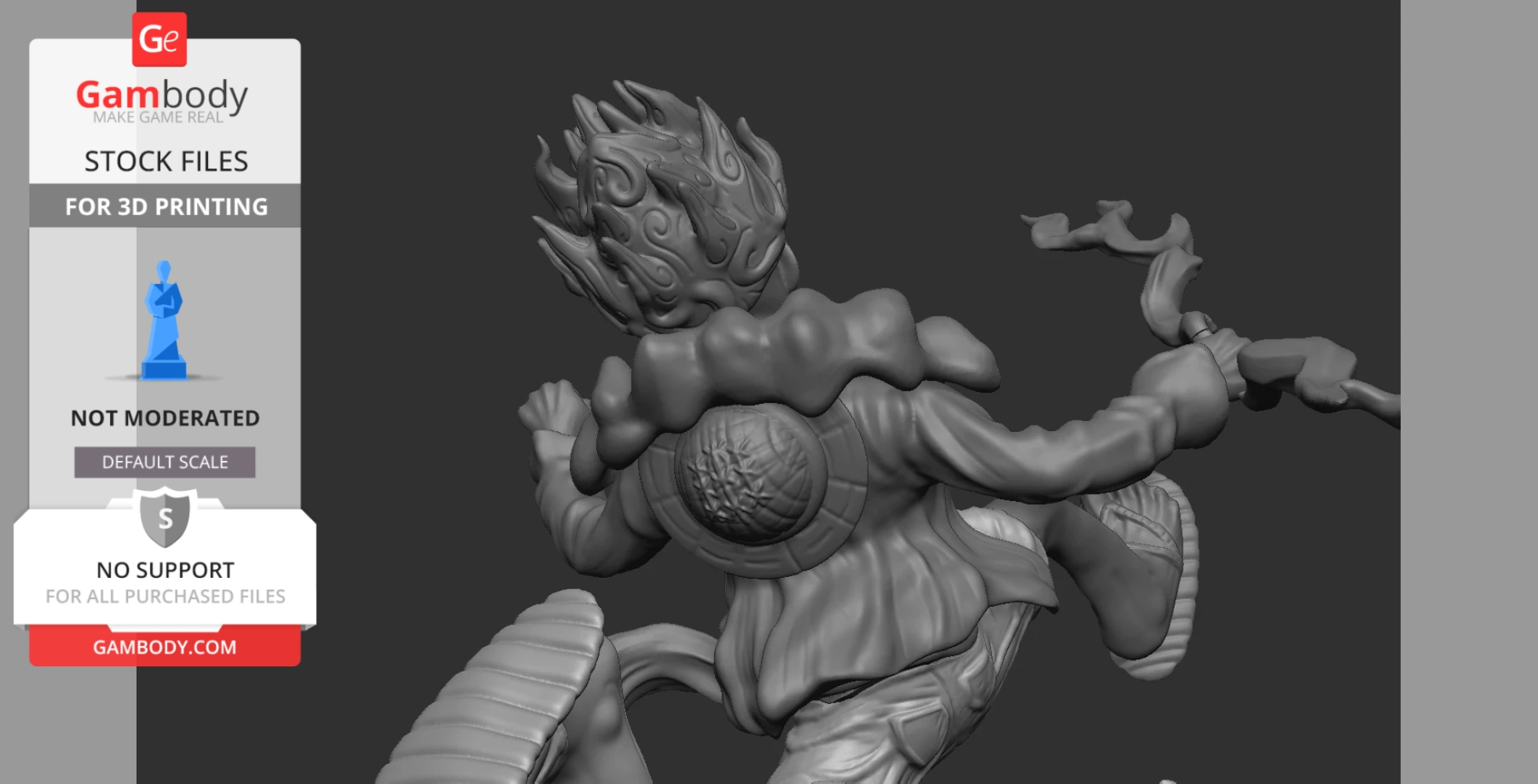 3D model of a dynamic figure with spiky hair and flowing clothing, captured in an active pose.