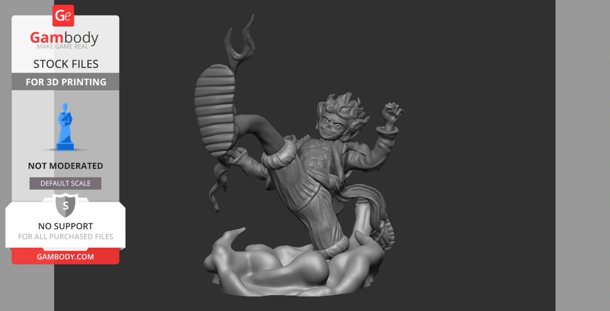 Character in dynamic pose with swirling hair and flame-like base, designed for 3D printing.