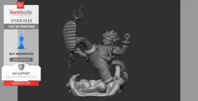 Character in dynamic pose with swirling hair and flame-like base, designed for 3D printing.