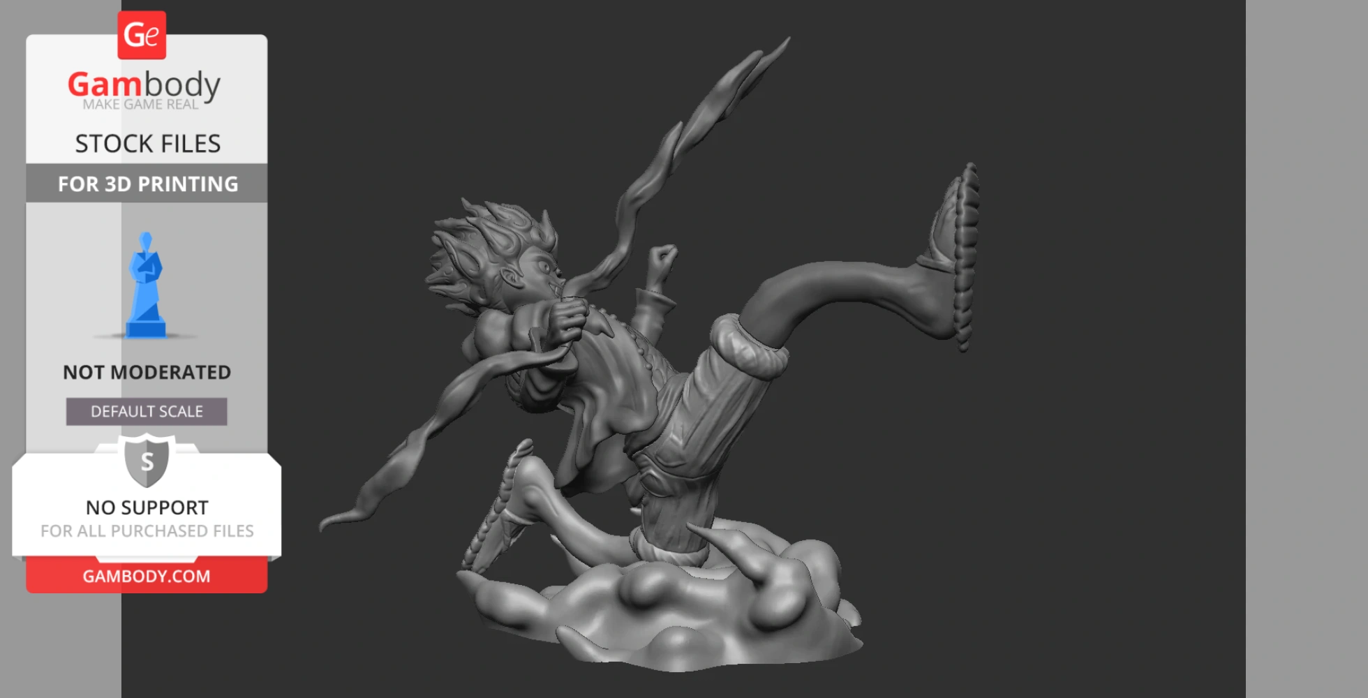 Dynamic 3D model of a character with flowing hair and tendrils, mid-action on a cloud base.