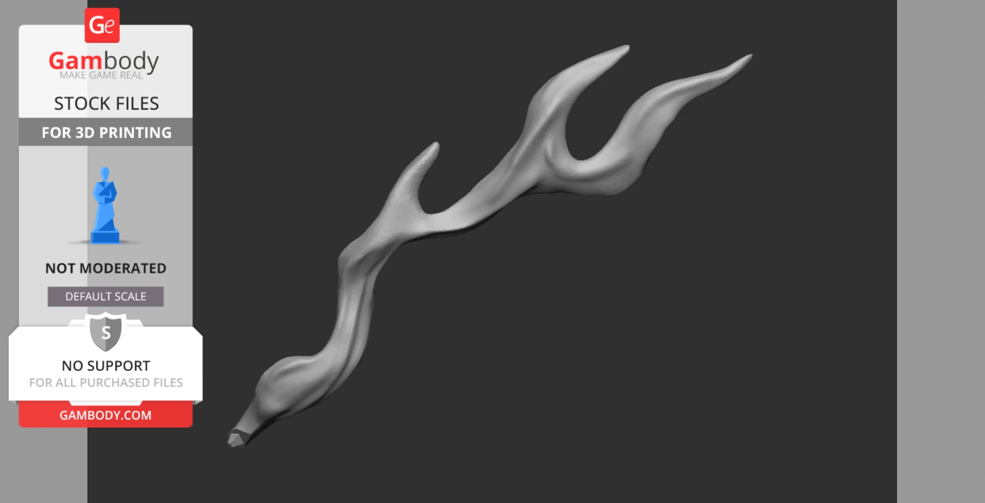Curved, flame-like 3D model piece with flowing, pointed edges on a dark background.