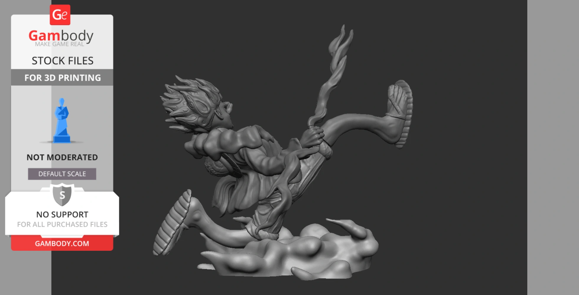 Dynamic 3D model of a character with swirling hair, leaping dramatically in mid-air, on a cloud-like base.