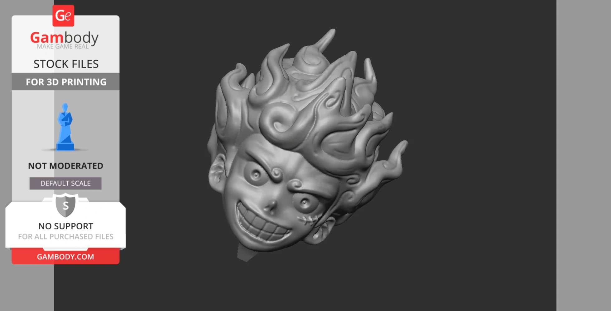 3D model of a grinning character head with stylized spiky hair for 3D printing.