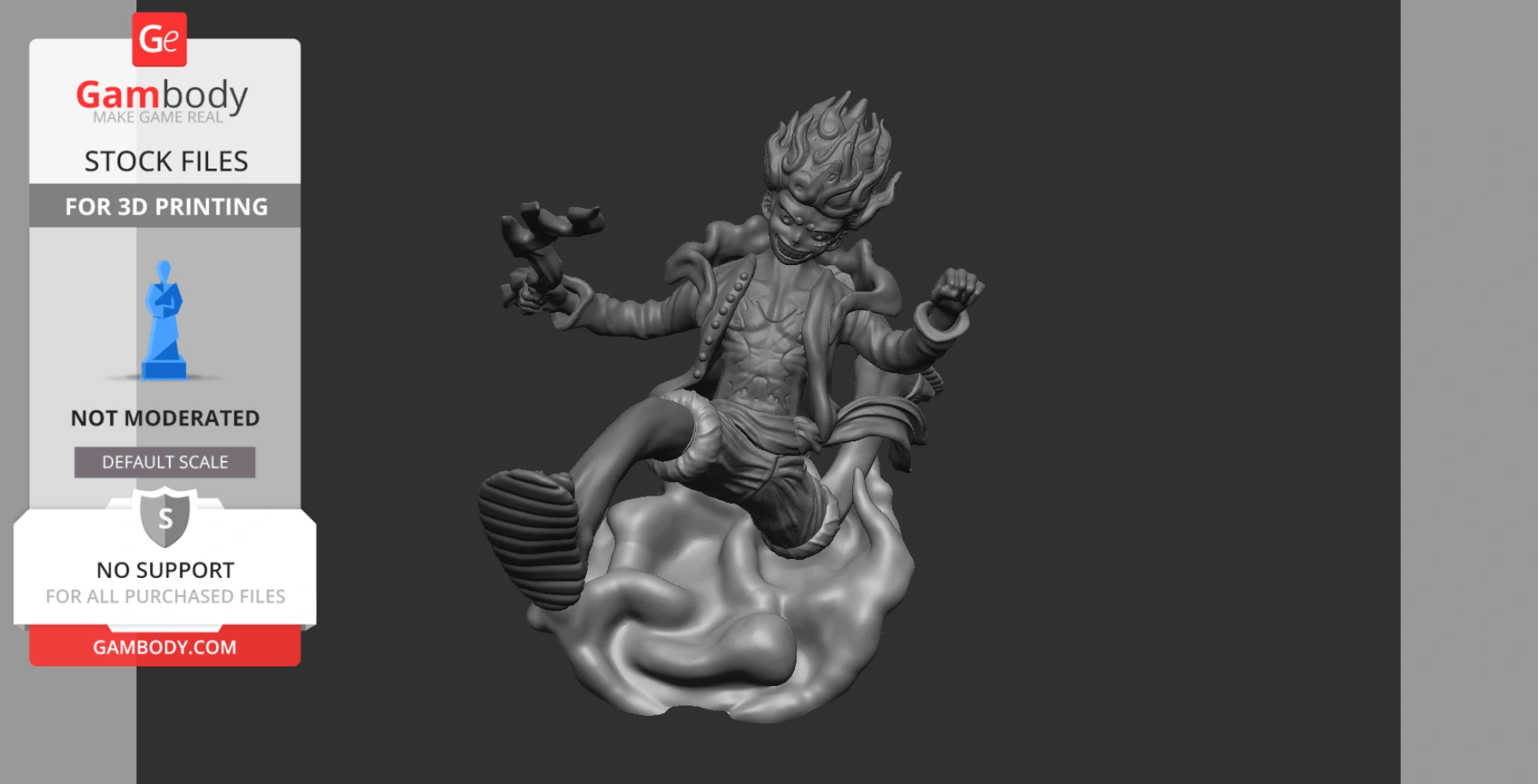 3D model of a character with flame-like hair, dynamic pose, sitting on a swirling cloud base.