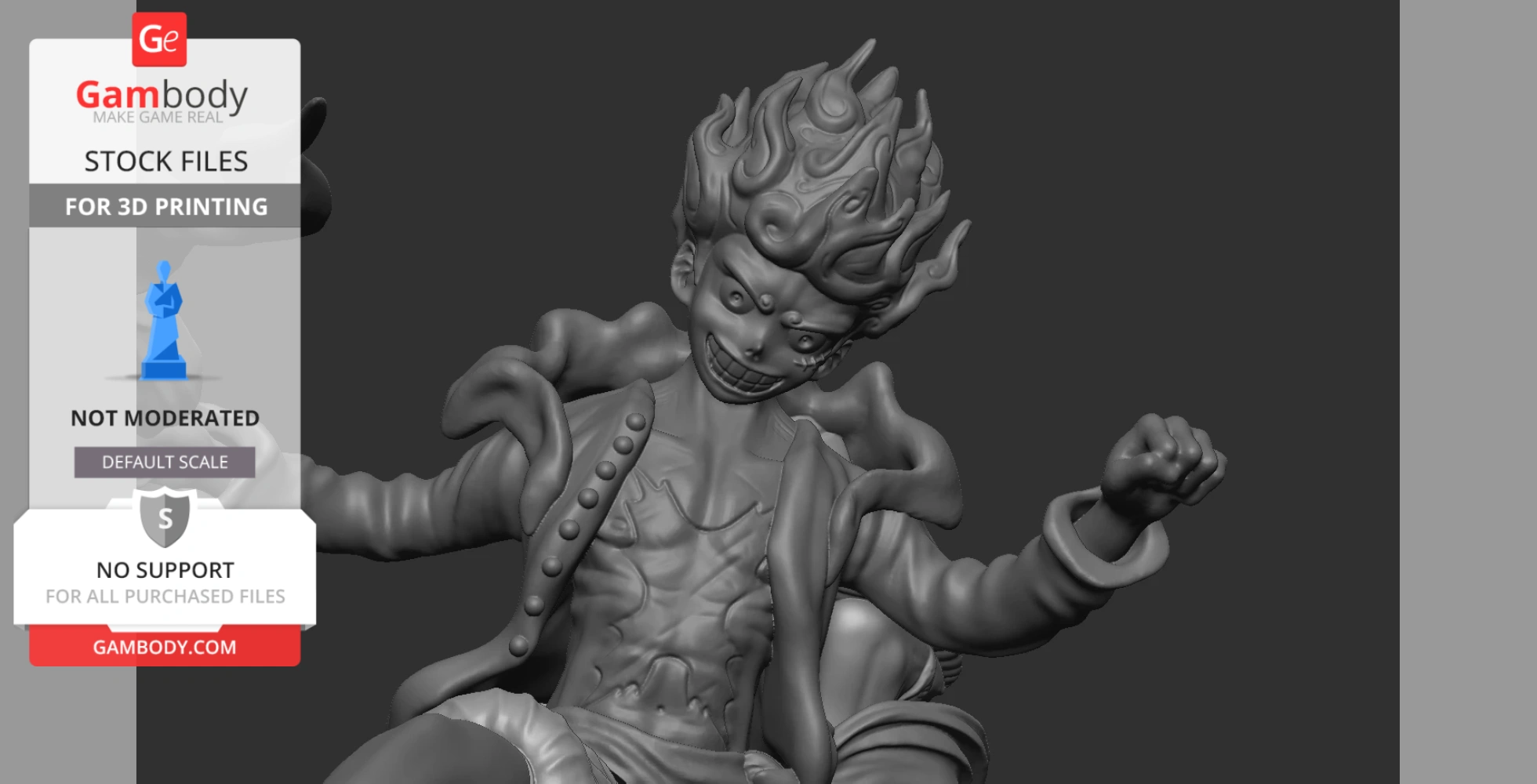3D model of a dynamic character with wavy hair, fierce grin, and clenched fists. Wearing an open jacket.