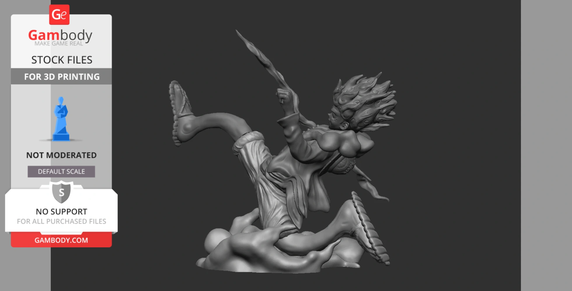 Dynamic 3D model of a figure with wild hair and flowing clothes, poised mid-action for 3D printing.