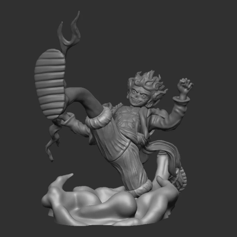 A dynamic 3D model of a character mid-action, with stylized hair and flowing clothing, surrounded by smoke.