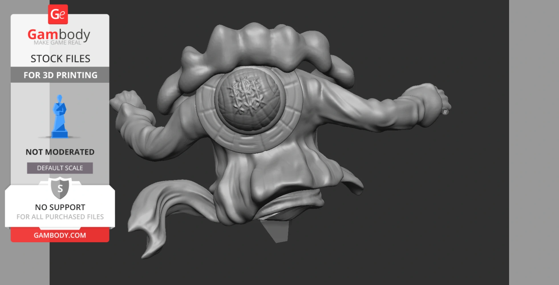 A 3D model of a dynamic, flowing figure with outstretched arms and detailed clothing folds.