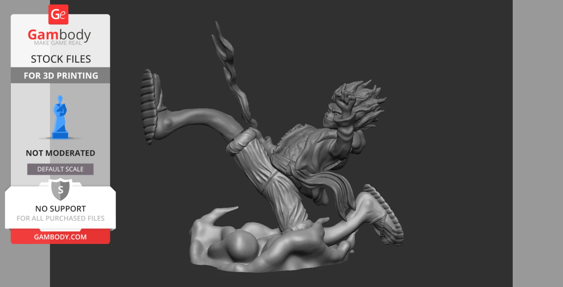 A detailed 3D model of a dynamic character in an action pose with exaggerated features and flowing hair.