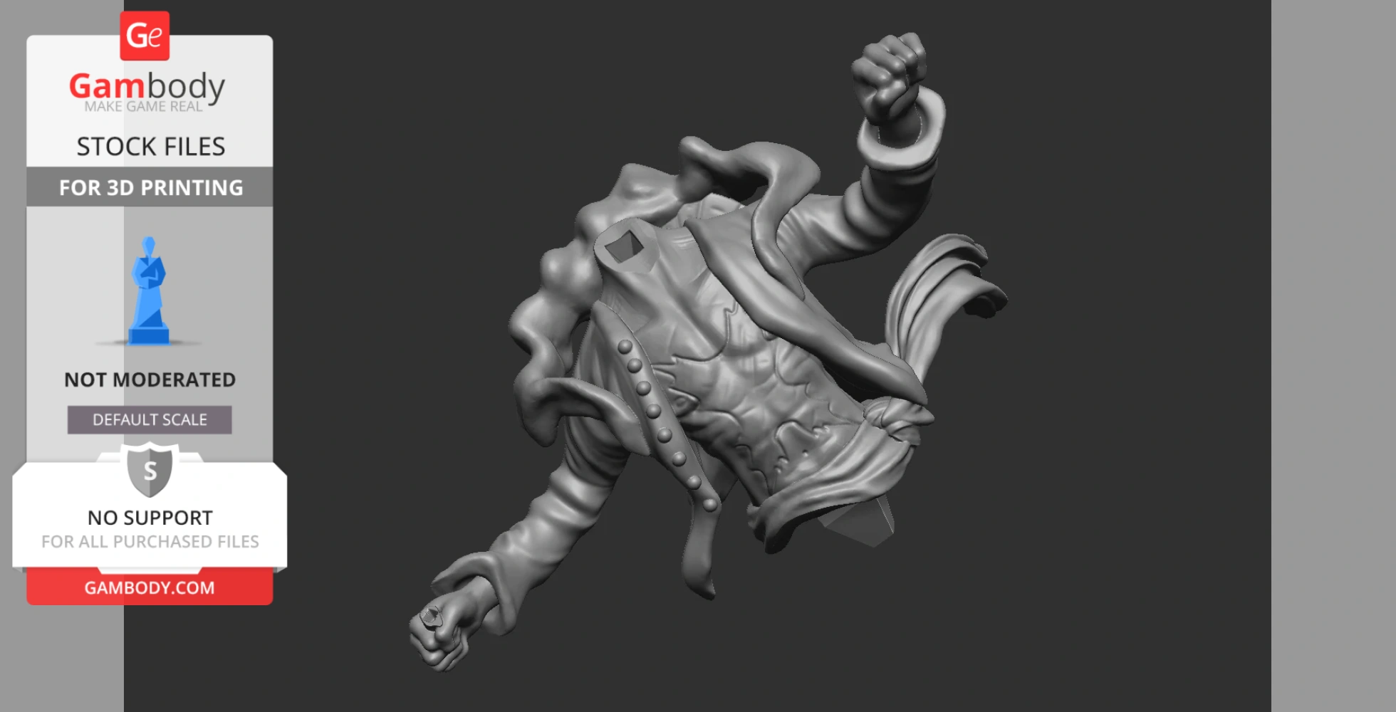 A detailed 3D model of a dramatic, dynamic upper torso with a flowing coat and clenched fists.