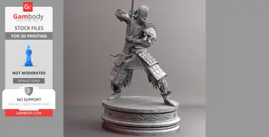 A detailed samurai warrior poised with a sword on a decorative circular base, ready for 3D printing.
