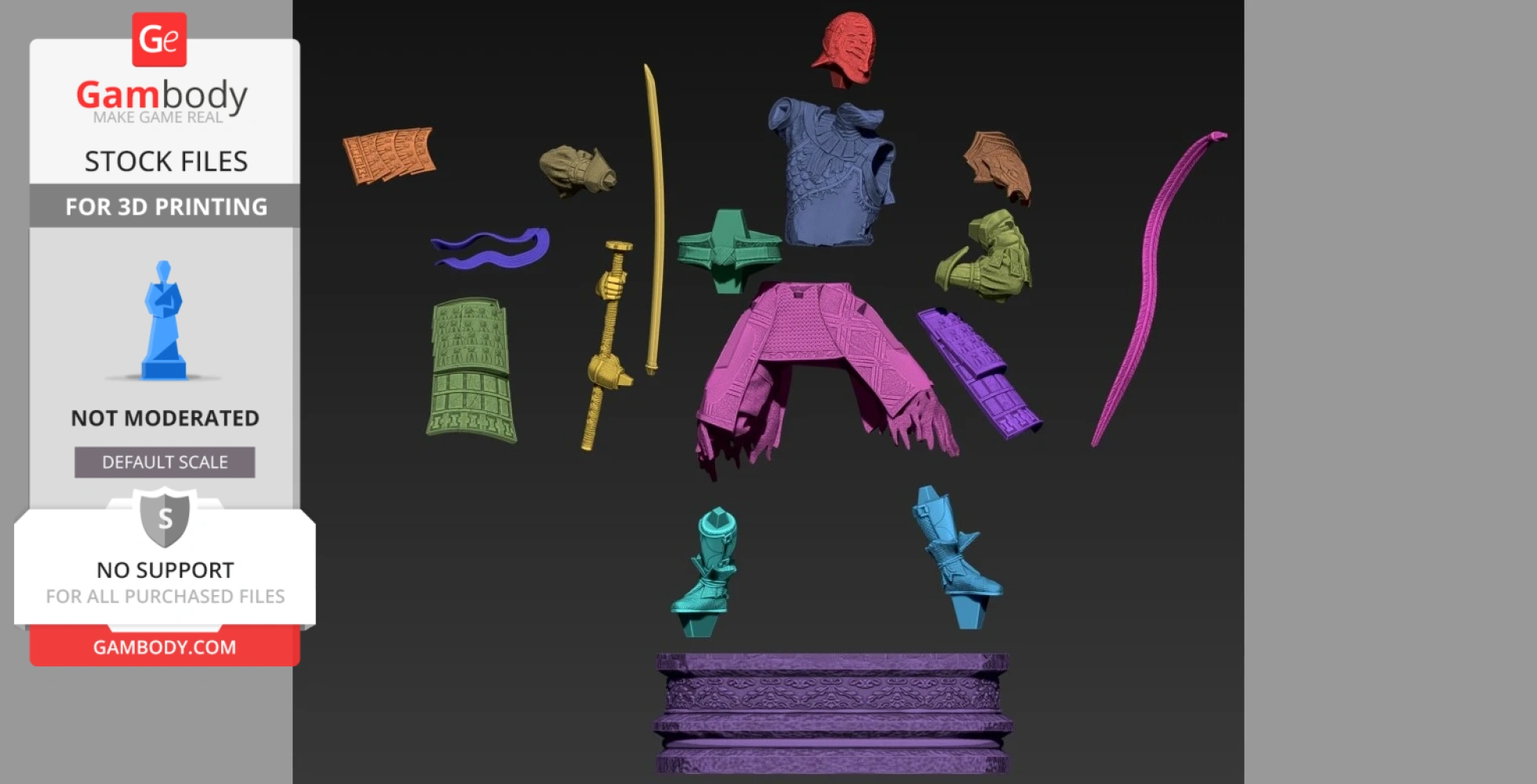 Assembled 3D model parts of armor and weapons for Sir Alonne from Gambody, ready for printing.