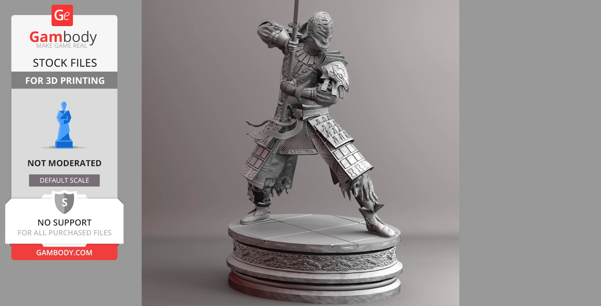 A detailed samurai warrior poised with a sword on a decorative circular base, ready for 3D printing.