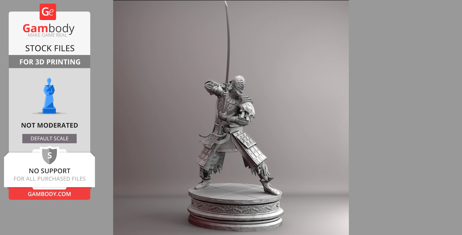 A detailed armored warrior in dynamic pose wielding a raised katana, ready for 3D printing.